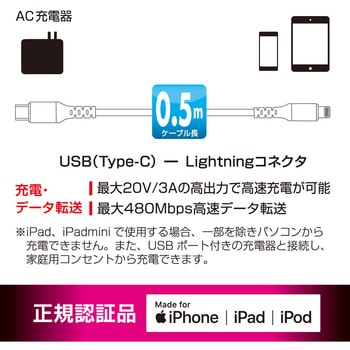 注文コード:02652707 やわらかUSB-C to Lightningケーブル PD60W対応 MFi認証 - オーム電機