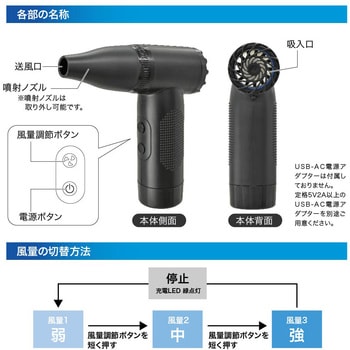 注文コード:02652820 USB充電式エアダスター 風量3段階 最大風速約15m/s 逆さ噴射対応 - オーム電機