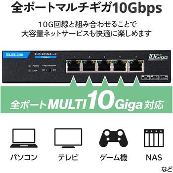 注文コード:02652960 スイッチングハブ 省スペース筐体の5ポート 全ポート10Gbps対応 ファンレス 静音 金属筐体 ループ検知 動作温度50℃ メタル - エレコム