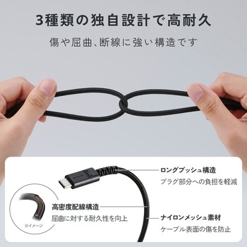 注文コード:02653057,02652996 USB-C to USB-C 充電専用 ケーブル 最大240W PD EPR対応 高耐久 ナイロンメッシュ データ抜き取り防止 - エレコム