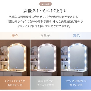 注文コード:02705146 スライドミラードレッサー 幅80cm LEDライト付き 引き出し スツール付き大容量 収納 - 萩原