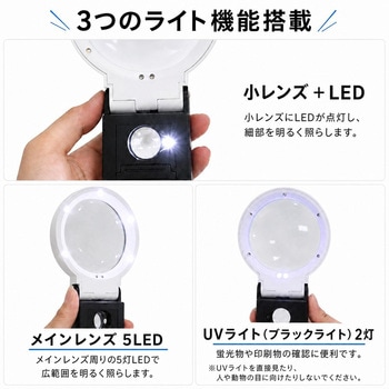 注文コード:02960190 LED・UVライト付き スタンドルーペ 6倍/25倍 ブラックライト付 手持ち 卓上 拡大鏡 USBコード付き - メディアカバーマーケット