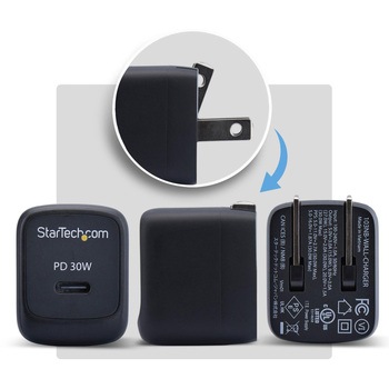 注文コード:03188128 USB充電器/1ポートUSB-C/最大30W/PD対応(5V/9V/15V/20V)/GaN採用/ブラック/急速充電 Type-C 電源アダプター - StarTech.com