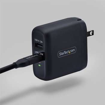 注文コード:03188609 USB充電器/2ポートUSB-C+USB-A/最大25W USB-C PD・最大12W USB-A/PD対応/ブラック/急速充電 Type-C 電源アダプター - StarTech.com