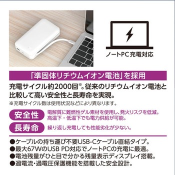 注文コード:03189187 PD67W 準固体モバイルバッテリー 15000 C2+A ホワイト - 多摩電子