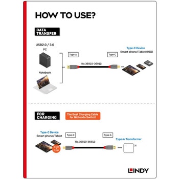 注文コード:03365919 LINDY ANTHRA LINE USB3.2 Gen2 Type-C to Type-Aケーブル+PDスマートチップ - LINDY