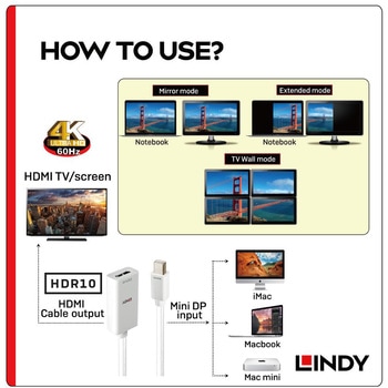 注文コード:03365928 LINDY Mini DisplayPort 1.2 to HDMI 2.0 HDR アクティブ変換アダプタケーブル - LINDY