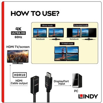 注文コード:03366637 LINDY DisplayPort 1.2 to HDMI 2.0 HDR アクティブ変換アダプタケーブル - LINDY