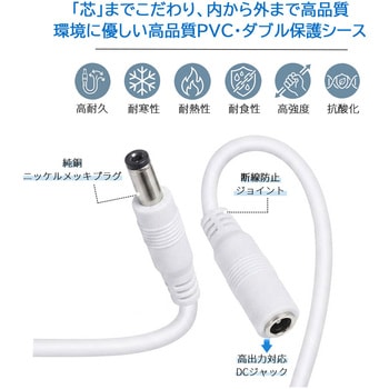 注文コード:04590980 DC延長ケーブル 5.5×2.5mm オス-メス端子 2m 丸型(ラウンドケーブル) 2芯 UL2464 18AWG 白 - bitstrong(ビットストロング)