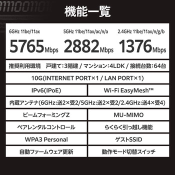 注文コード:04591032 WiFi7 無線LANルーター 6GHz対応 有線10Gbps 5765+2882+1376Mbps EasyMesh MLO対応 ギガビット RJ-45 - エレコム