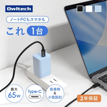 注文コード:05729898,05730212,05730449 最大PD65W出力 GaN採用USB Type-C×1 AC充電器 - OWLTECH(オウルテック)
