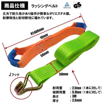 注文コード:05868078 ラチェットバックル式 ラッシングベルト J型フック 2個セット - FELIX