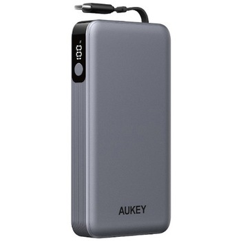 モバイルバッテリー 10000mAh 準固体 グレー Spark Reel HUE 巻取りケーブル内蔵 AUKEY(オーキー)