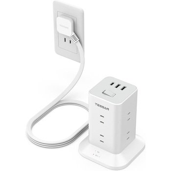 注文コード:06078288 タワー型電源タップ 延長コード2m 8AC+2USB-A+1USB-C - TESSAN