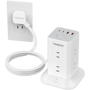 注文コード:06078410 タワー型電源タップ 延長コード2m 8AC+2USB-A+2USB-C - TESSAN