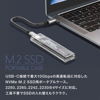 注文コード:06115397 M.2 SSD ポータブルケース NVMe USB3.1 Type-C 10Gbps 2TB対応 工具不要 Windows Mac - トライメイト