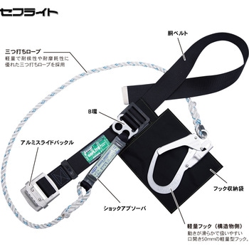 注文コード:06152899,06156618,06157966,06162401 胴ベルト型”セフライト”(ロープ式・軽量フック・軽量バックル) 三つ打ちタイプ - ツヨロン(藤井電工)