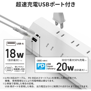 注文コード:06847247,06847317 電源タップ 延長コード USB付き 8個口 急速充電 PD20W マグネット L字プラグ スリム - TOPLAND