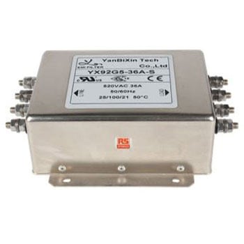 237-8774 RS PRO EMIフィルタ,電源ラインフィルタ,ノイズフィルタ 三相 36A シャーシーマウント 1.0μF 4*0.6 mH 4.6 / 7.1 mA Two Stage 470kΩ RS PRO