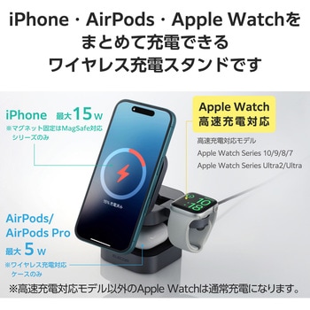 注文コード:11485735,11485751 ワイヤレス充電器 Qi2 対応 15W / 7.5W / 5W マグネット式 充電スタンド 3in1 同時充電 ケーブル付属 1.5m - エレコム