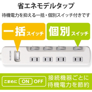 注文コード:20756934,20756925 電源タップ 延長コード 4個口 2P スイッチ付(個別・一括) 省エネ スイングプラグ コンセント - エレコム