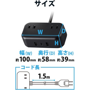 注文コード:24823017,24823026 電源タップ 延長コード 2個口 1.5m USB付 (コンセント×2 Type C×1 USB A×2) PD対応 雷ガード ほこり防止シャッター - エレコム