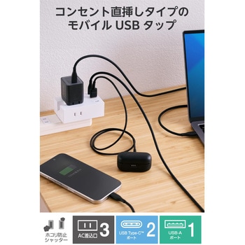 注文コード:58762509 電源タップ 3個口 2P 直挿し USB付 (コンセント×3 Type C×2 USB A×1) コンパクト 雷ガード ほこり防止シャッター - エレコム