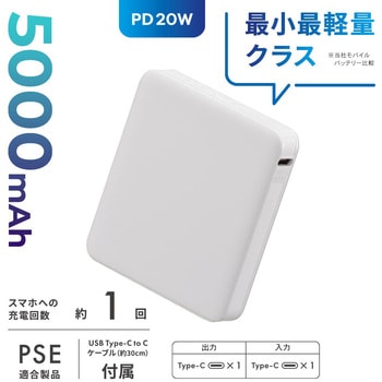 注文コード:60224136 モバイルバッテリー 5000mAh PD20W急速充電対応 小型軽量 オーム電機
