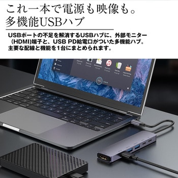 注文コード:61265876 USB Type-C マルチ変換アダプター USB3.0ハブ 4K HDMI  PD対応 軽量 スリム ケーブル収納 ドッキングステーション メディアカバーマーケット