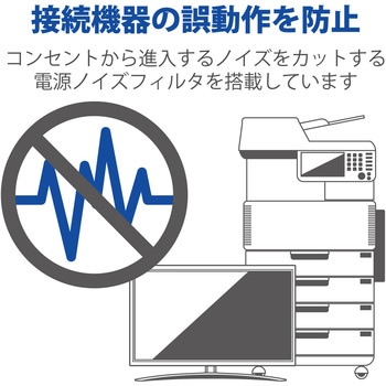 注文コード:63540454 電源タップ 延長コード 8個口 3P 2m 3P→2P変換アダプタ付 ロング型 マグネット 抜け止め 雷ガード - エレコム