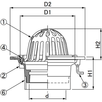 注文コード:64220567,64220576,64220585,64220601,64220610,64220619,64220628,64220637,64220646,64220655,64220671,64220680 ルーフドレイン 縦型 屋上用 塗膜・モルタル防水用 ねじ込み式 第一機材