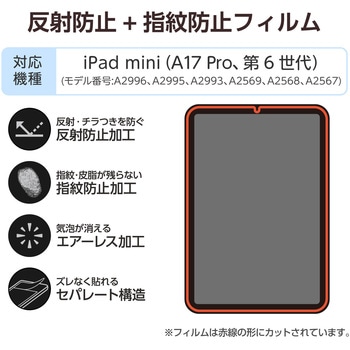 注文コード:64595031 iPad mini(A17 Pro)/第6世代 8.3インチ フィルム アンチグレア 指紋防止 気泡防止 反射防止 マット エレコム