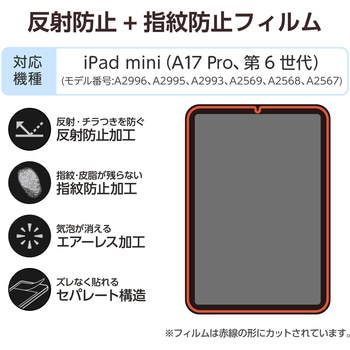 注文コード:64595031 iPad mini A17 Pro 第6世代 8.3インチ フィルム アンチグレア 指紋防止 気泡防止 反射防止 マット - エレコム