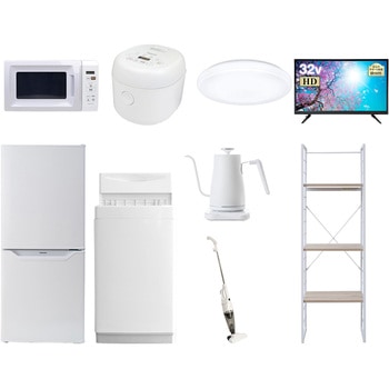 注文コード:64612600 家電セット 寮 オフィス 事務所 新生活家電 9点セット (6kg洗濯機 106L冷蔵庫 電子レンジ 炊飯器 シーリングライト 32型液晶テレビ 温調ケトル スティッククリーナー 家電収納ラック) YAMAZEN(山善)