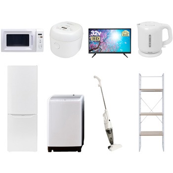 注文コード:64619566 家電セット 寮 オフィス 事務所 新生活家電 8点セット (8kg洗濯機 173L冷蔵庫 電子レンジ 炊飯器 32型液晶テレビ 電気ケトル スティッククリーナー 家電収納ラック) YAMAZEN(山善)