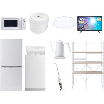 注文コード:64622138 家電セット 寮 オフィス 事務所 新生活家電 9点セット (6kg洗濯機 106L冷蔵庫 電子レンジ 炊飯器 シーリングライト 32型液晶テレビ 温調ケトル スティッククリーナー 家電収納ラック) YAMAZEN(山善)