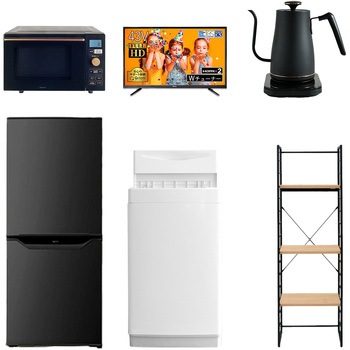 注文コード:64644775 家電セット 寮 オフィス 事務所 新生活家電 6点セット (6kg洗濯機 106L冷蔵庫 オーブンレンジ 43型液晶テレビ 温調ケトル 家電収納ラック) YAMAZEN(山善)