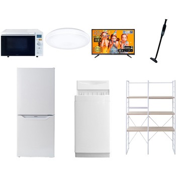 注文コード:64647636 家電セット 寮 オフィス 事務所 新生活家電 7点セット (6kg洗濯機 106L冷蔵庫 オーブンレンジ シーリングライト 43型液晶テレビ 軽量クリーナー 家電収納ラック) YAMAZEN(山善)