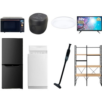 注文コード:64695175 家電セット 寮 オフィス 事務所 新生活家電 8点セット (6kg洗濯機 106L冷蔵庫 オーブンレンジ 炊飯器 シーリングライト 32型液晶テレビ 軽量クリーナー 家電収納ラック) YAMAZEN(山善)