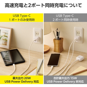 注文コード:65453826 充電器 USB Type-C×2ポート PD 最大20W 同時充電 スマホ タブレット iPhone 小型 - エレコム