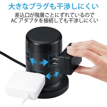 注文コード:65770478 電源タップ タワー型 2m 2P 8個口 USB付 (コンセント×8 USB A×5) ほこり防止シャッター 雷ガード - エレコム
