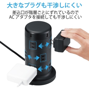 注文コード:65770487 電源タップ タワー型 2m 2P 12個口 USB付 (コンセント×8 USB A×5) ほこり防止シャッター 雷ガード - エレコム