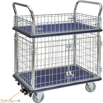 注文コード:66021168 二段式ワゴン台車・上下金網付き・フットブレーキ付き エヌケーキャリーキャスター