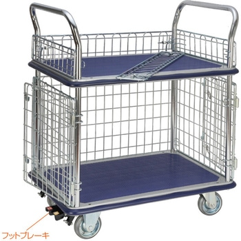 注文コード:66021168 二段式ワゴン台車・上下金網付き・フットブレーキ付き エヌケーキャリーキャスター
