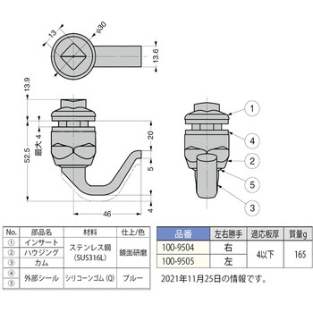 注文コード:82609515 ステンレス鋼製ハイジェニックコンプレッションラッチ100-95型 - LAMP(スガツネ工業)