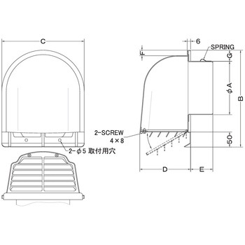 注文コード:82953529,82953538,82954737 外壁用アルミ製換気口 深型フード 大口径 ガラリ型 下部開閉タイプ - 西邦工業