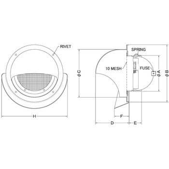 注文コード:82953836,82955866,82956995,82957020 外壁用アルミ製換気口 セルフード(ワイド水切り付) 同芯金網型10メッシュ 防火ダンパー付 - 西邦工業