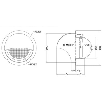 注文コード:82954299,82954570,82956530,82956855 外壁用アルミ製換気口 セルフード 同芯金網型10メッシュ 防火ダンパー付 - 西邦工業