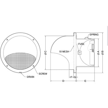 注文コード:82954518,82954938,82956426 外壁用アルミ製換気口 セルフード 同芯金網型10メッシュ 防火ダンパー付 - 西邦工業