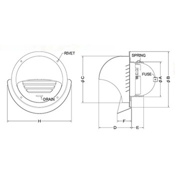 注文コード:82955035,82955559,82956198,82956478 外壁用アルミ製換気口 セルフード(ワイド水切り付) 同芯ガラリ型 防火ダンパー付 - 西邦工業